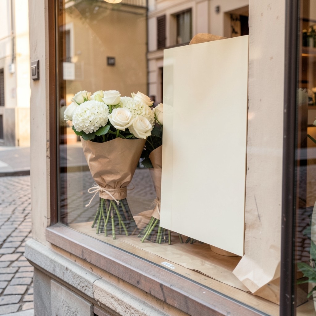 Escaparate de tienda local preparado para una temporada con flores y cartelería sencilla