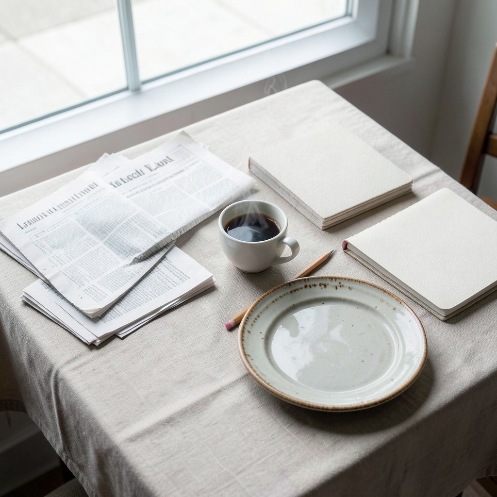 Mesa con periódicos locales, café y notas manuscritas sobre el comercio de calle
