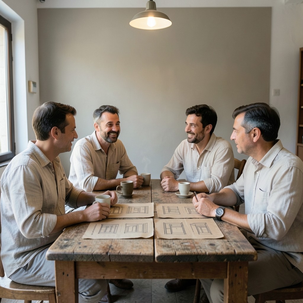 Taller con comerciantes alrededor de una mesa con carteles de ofertas de barrio