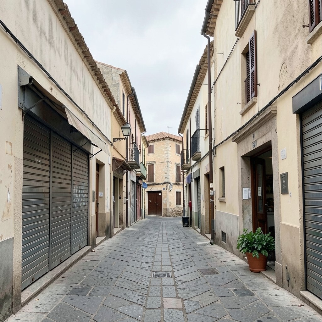 Calle comercial de Tarragona a primera hora, con persianas a medio abrir